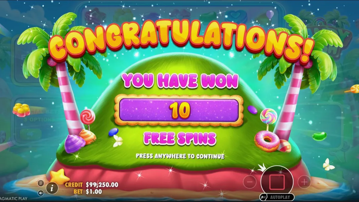 Tampilan visual ceria dan penuh warna dari slot Candy Rush dengan latar belakang negeri permen.