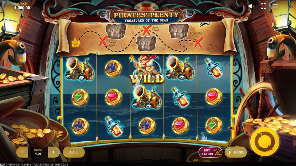 Tampilan visual gulungan slot Pirates’ Plenty: Treasures of the Seas dengan latar kapal bajak laut.