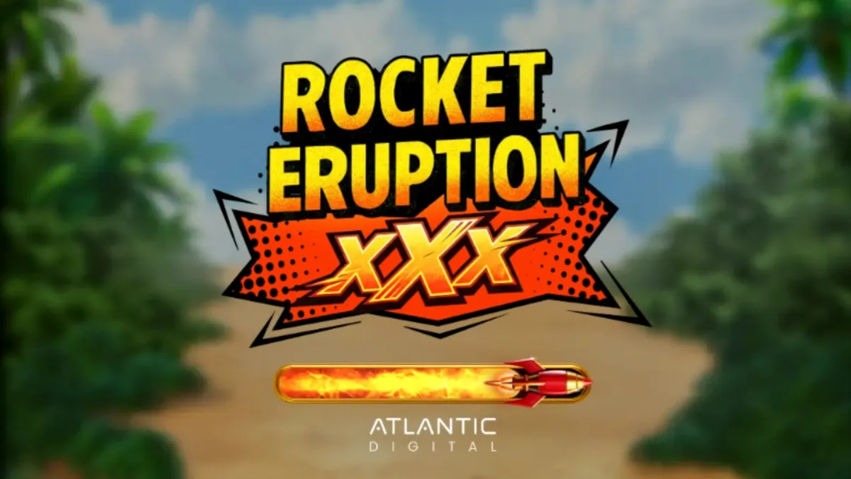 Tampilan layar permainan slot Rocket Eruption XXX pada perangkat seluler dengan latar belakang gunung berapi.